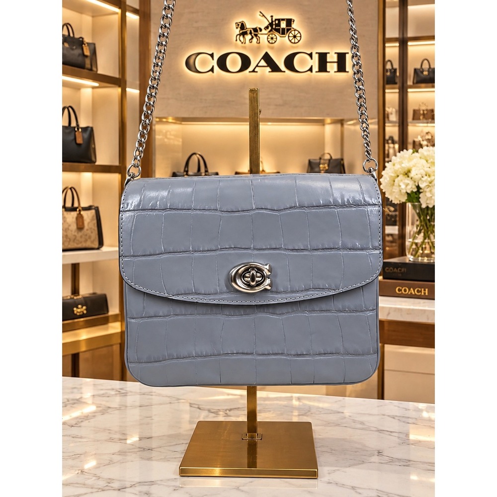 Coach Cassie 19 Light Blue Croc Embossed Leather Crossbody Bag CP138